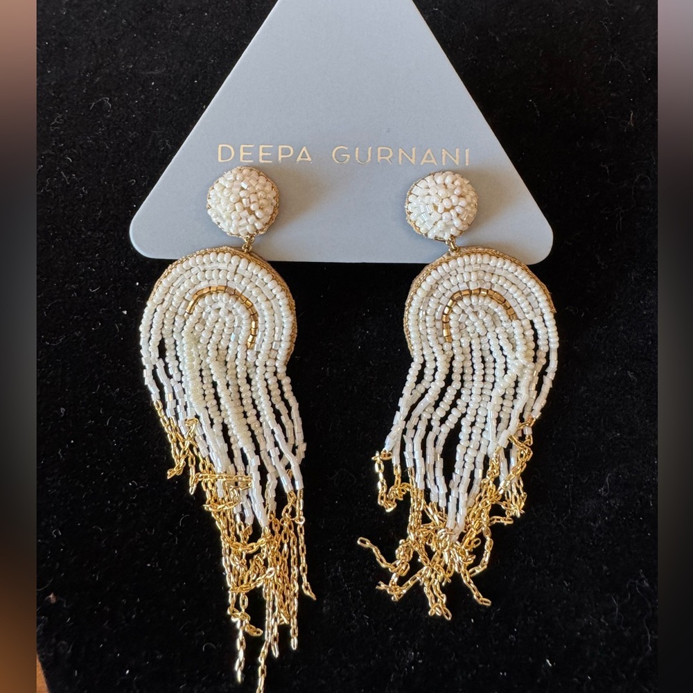 Deepa Gurnani White and Gold Beaded Fringe Earrings